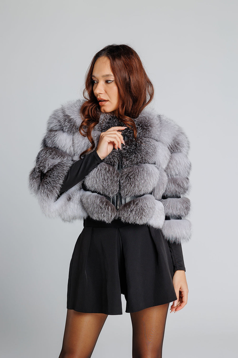 Natürlicher Silberfuchspelzmantel, kurz, Damen, Grey Frost 353