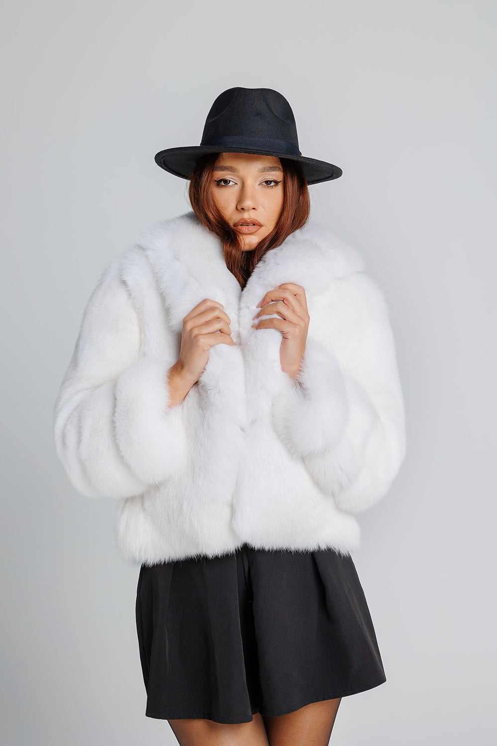 Women's Natural Fox Fur Coat with Lapel Collar, Pure White 346