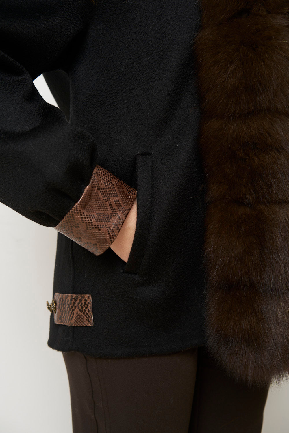 Women's Wool Coat with Fox Fur Collar, Jet Black 639