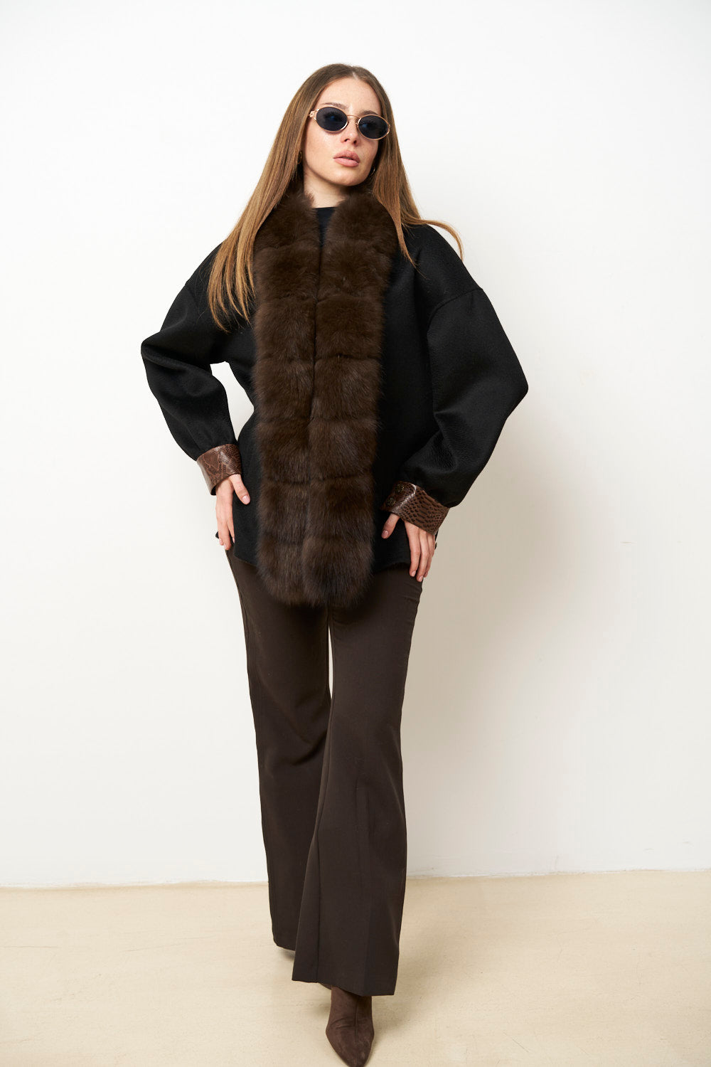 Women's Wool Coat with Fox Fur Collar, Jet Black 639