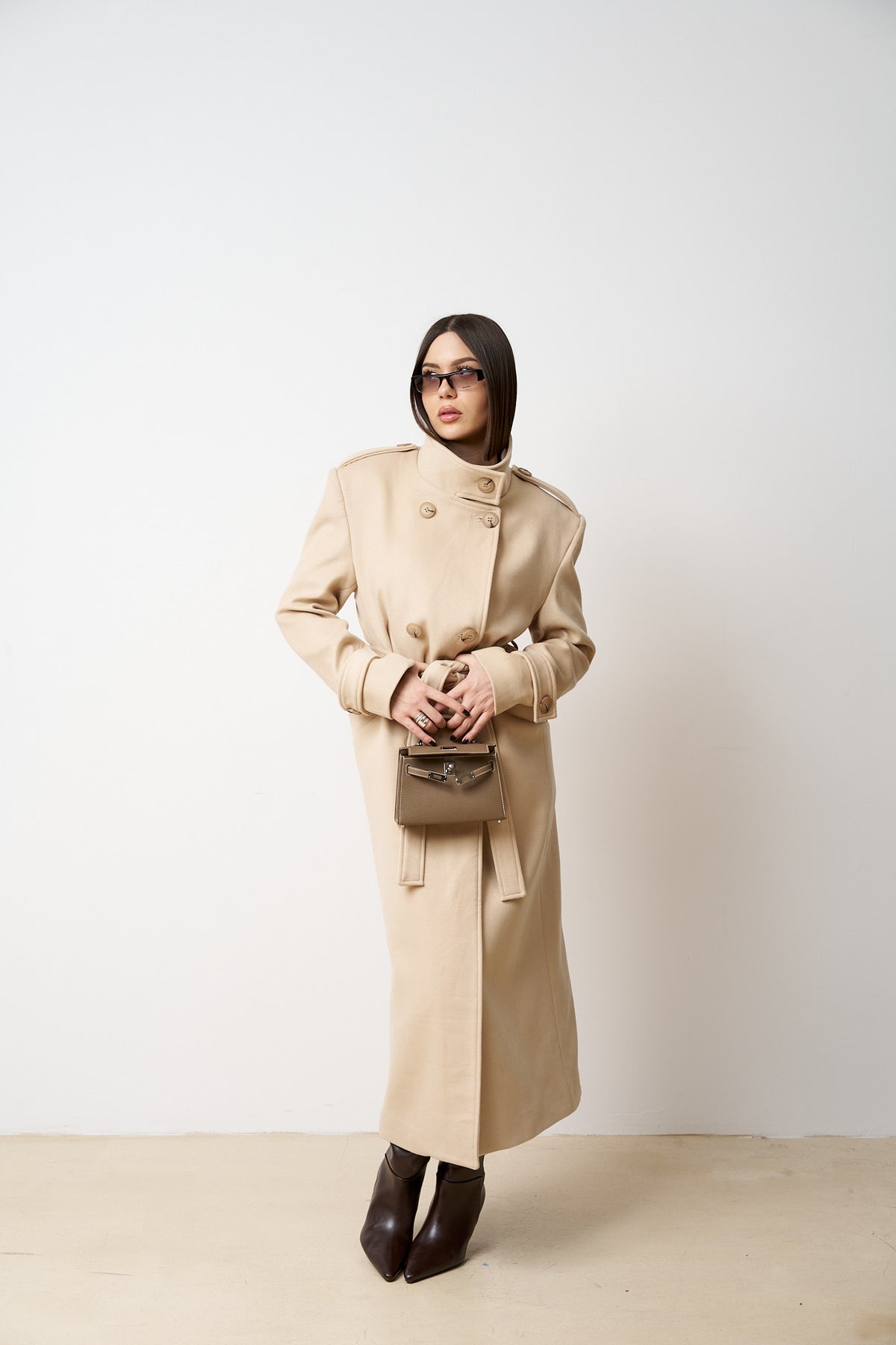Langer Wollmantel mit Kordelzug, Damen, Sandbeige 523