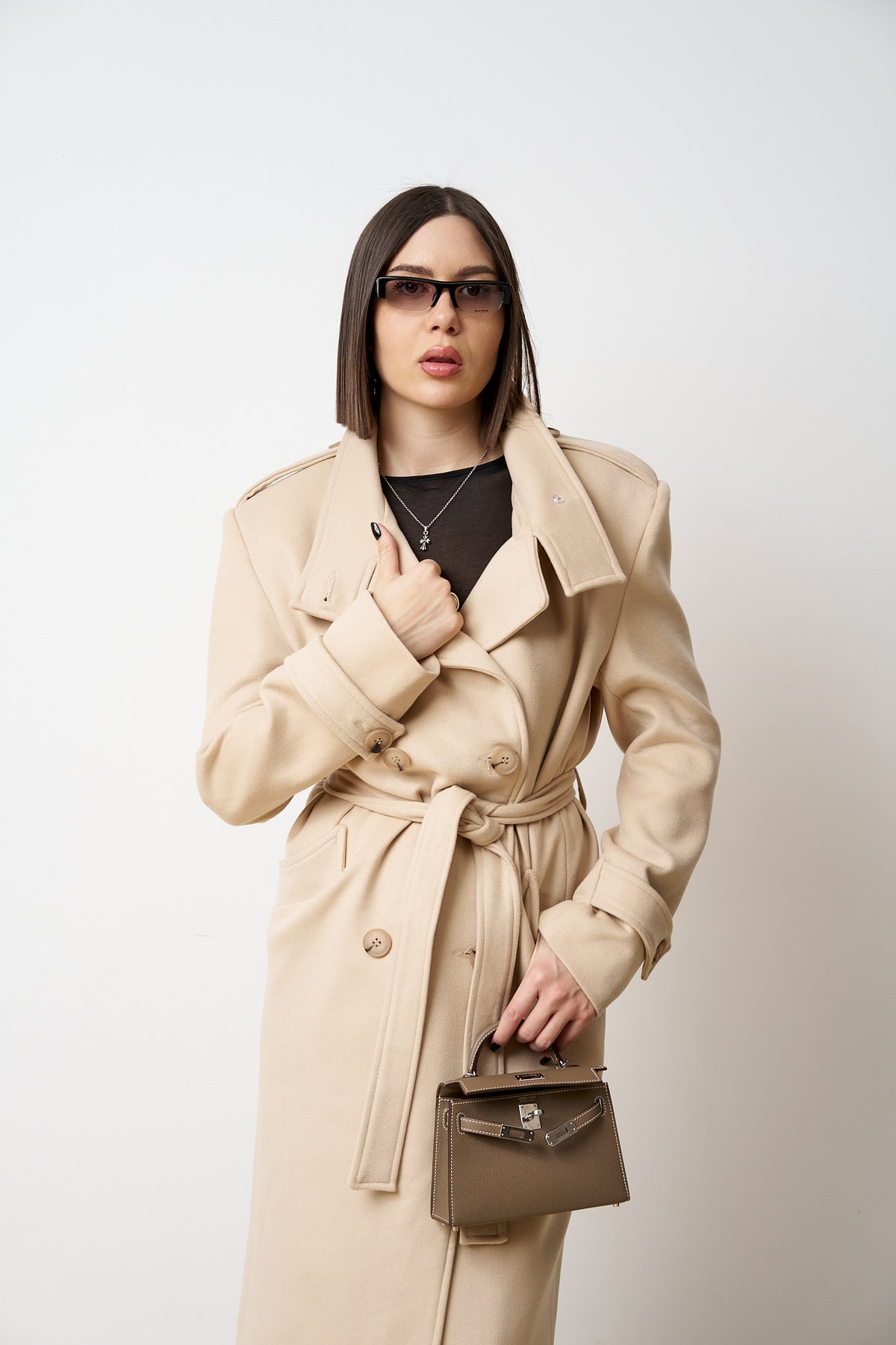 Langer Wollmantel mit Kordelzug, Damen, Sandbeige 523