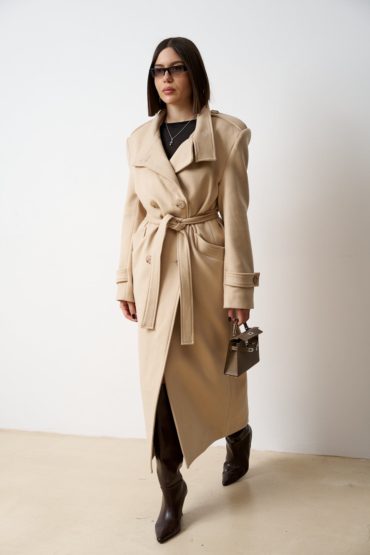 Langer Wollmantel mit Kordelzug, Damen, Sandbeige 523