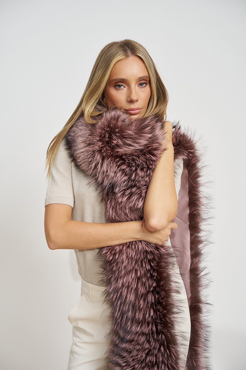 Șal Lung din Blană Naturală de Vulpe, Dusty Rose 687