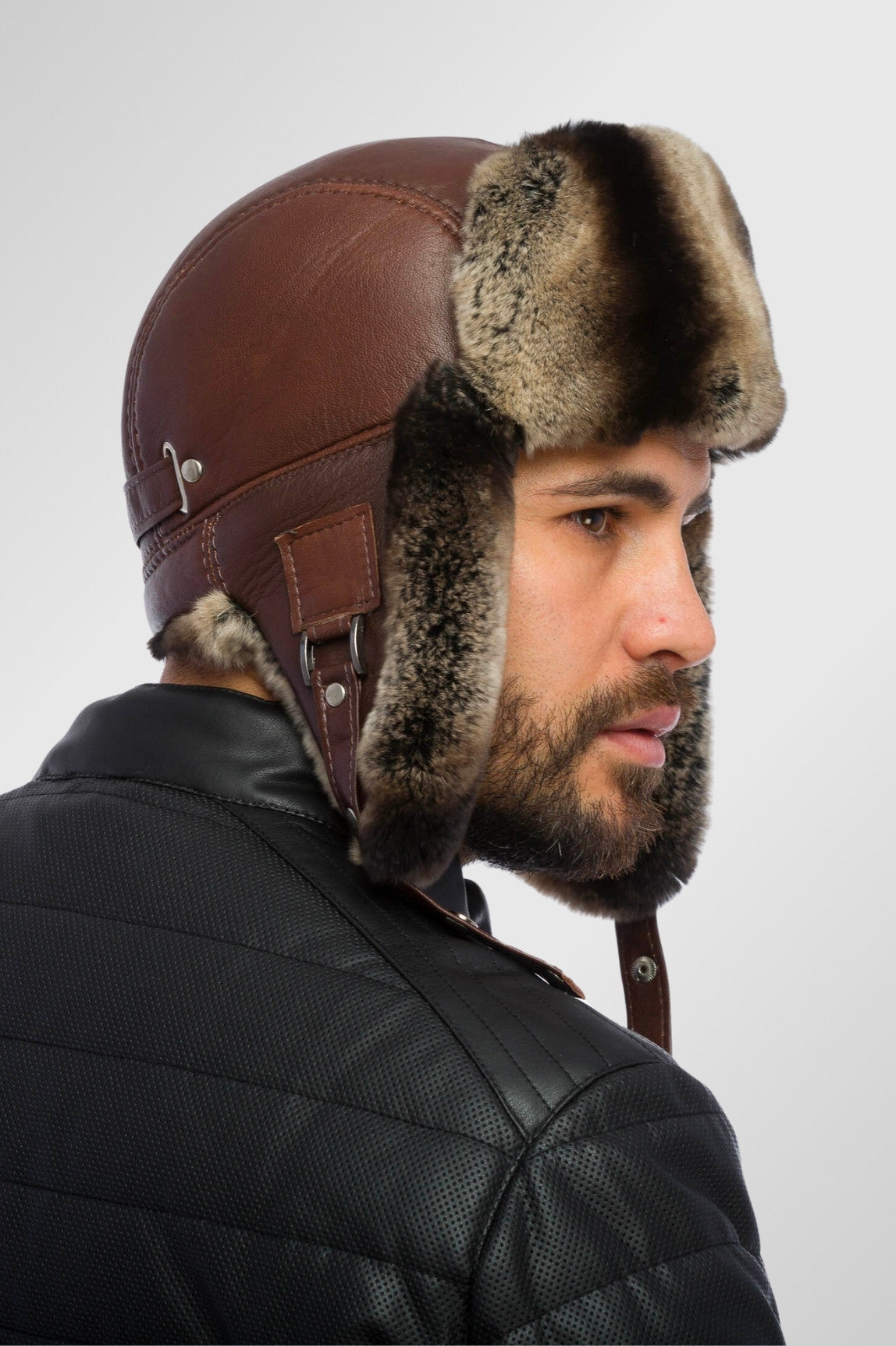 Căciulă din Blană Naturală de Rex și Piele, Bărbați, Chocolate și Brown Frost 17