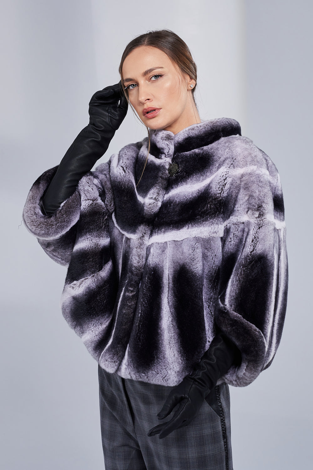 Capă din Blană Naturală de Rex Chinchilla, Femei, Dark Grey 52