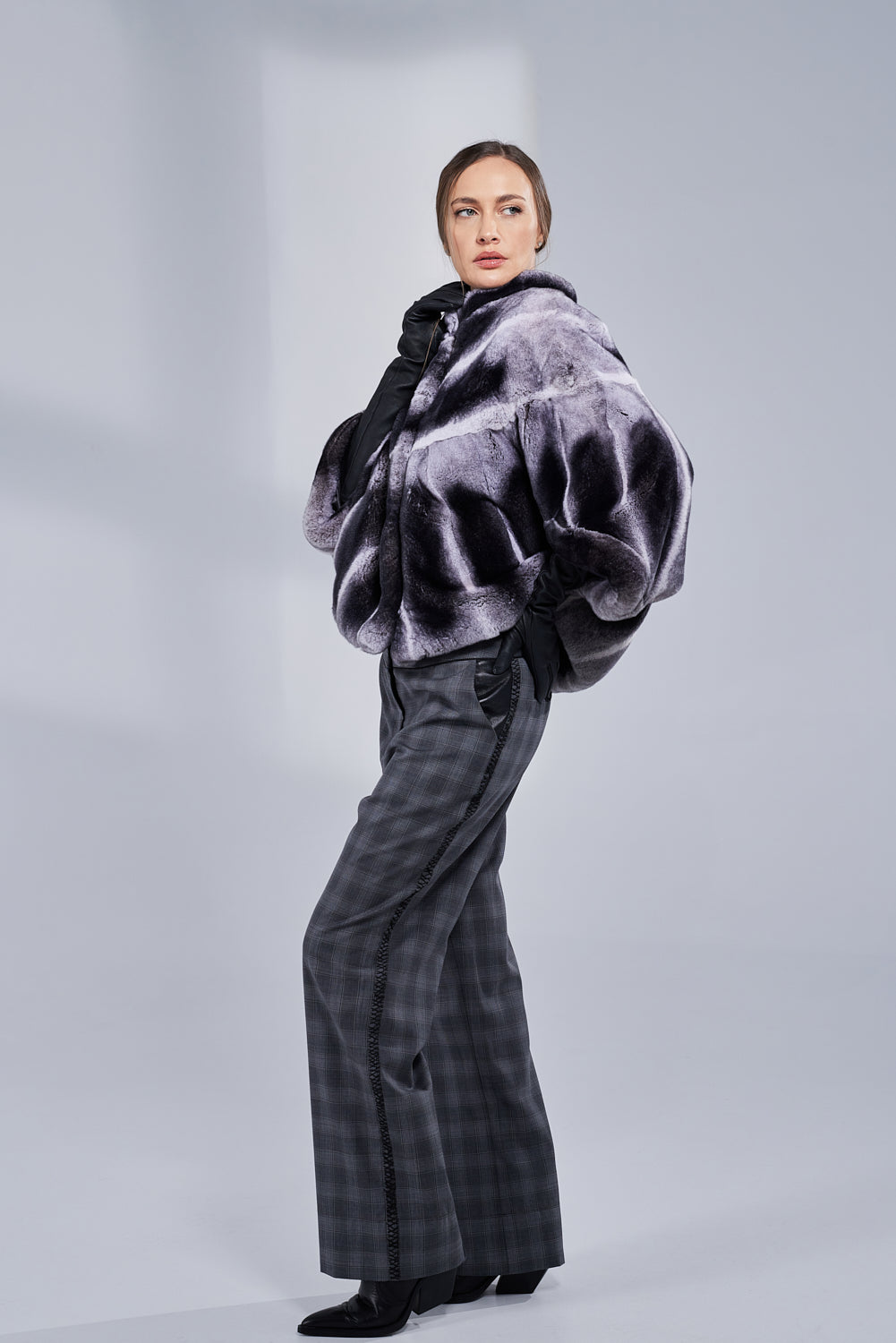 Capă din Blană Naturală de Rex Chinchilla, Femei, Dark Grey 52