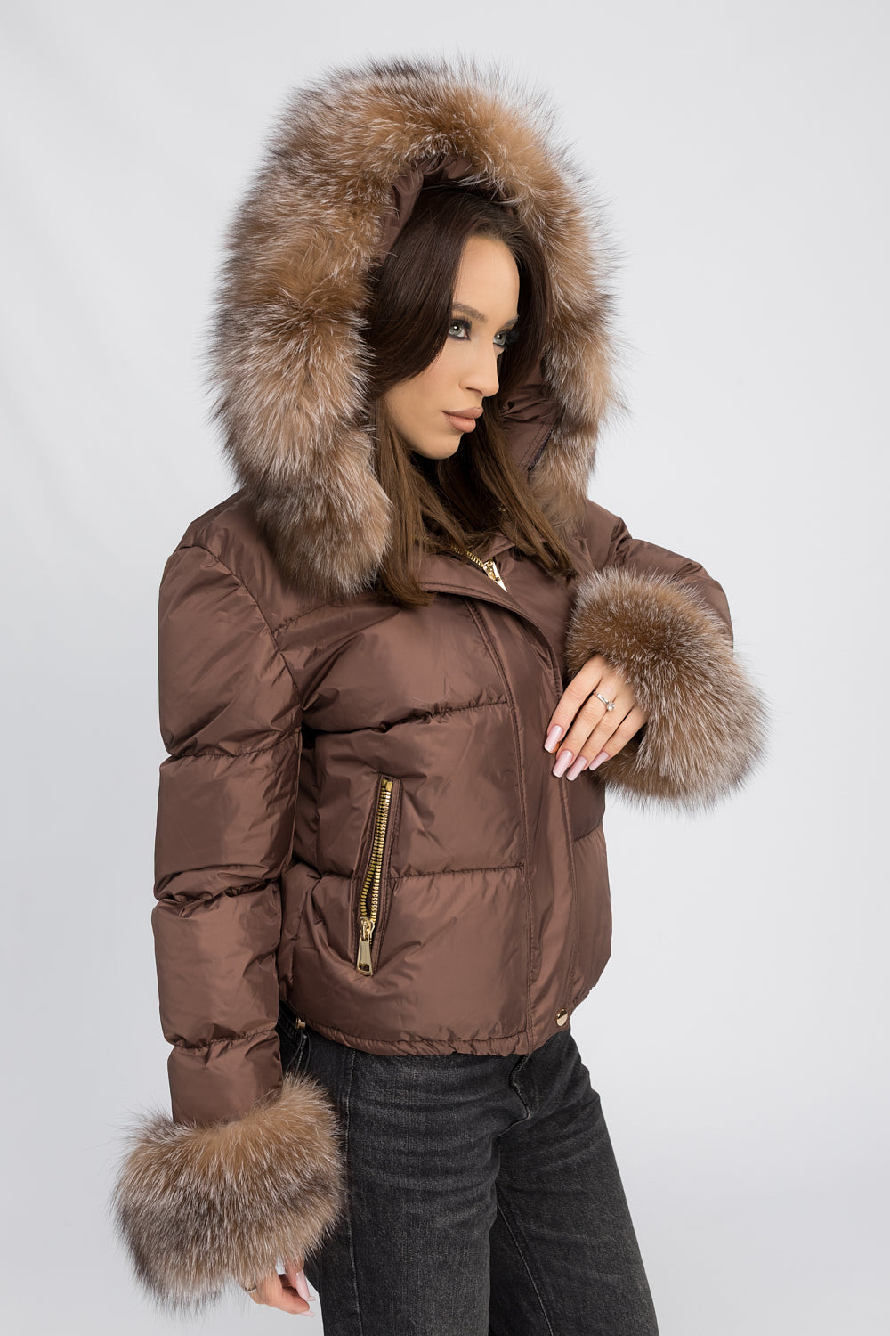 Veste courte à capuche et poignets en fourrure naturelle de renard, Femme, Mocha Glow 459