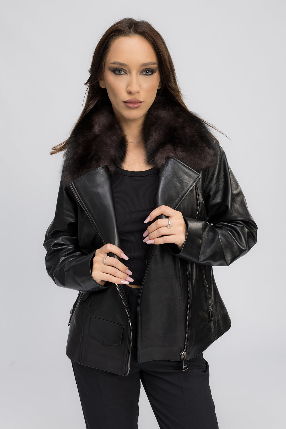 Veste en cuir véritable avec col en fourrure de renard pour femme, Obsidian 442