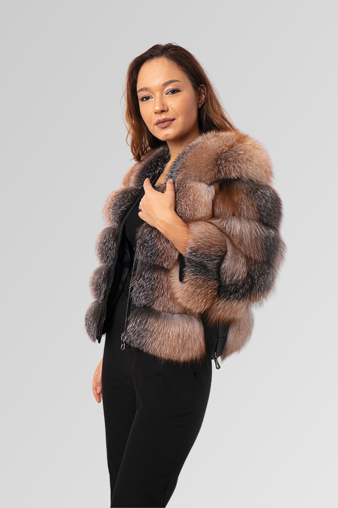 Women's Convertible Natural Fox Fur Coat, Brown Frost 259