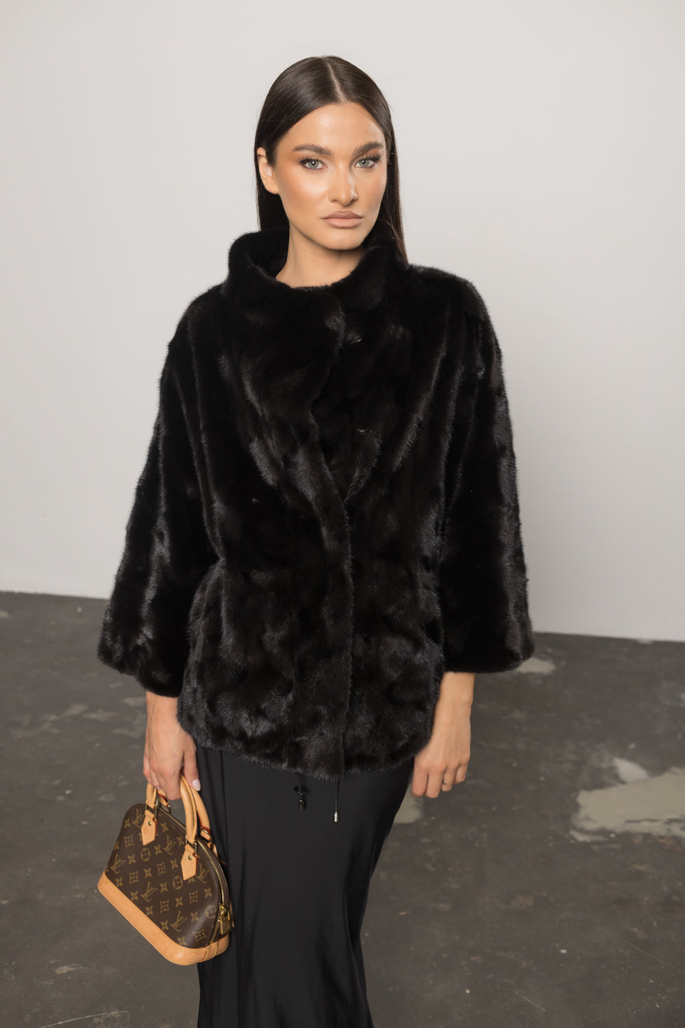 Natural Mink Fur Coat, 3/4 Sleeves, Women, Obsidian 401