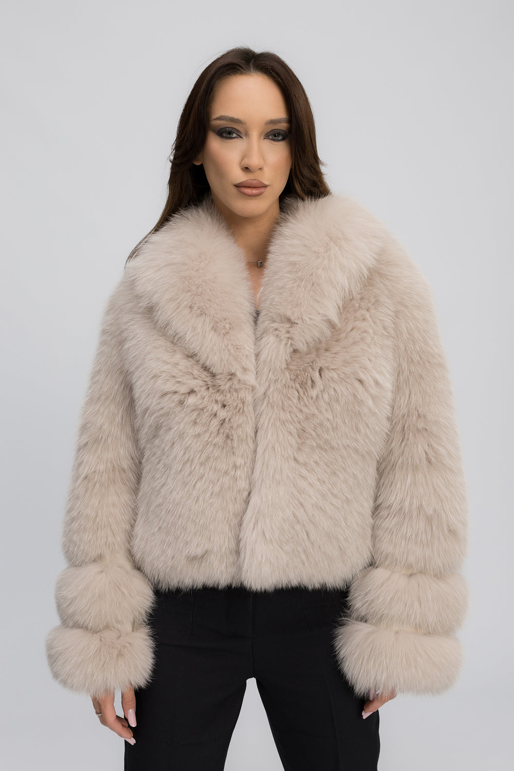 Manteau en fourrure naturelle de renard polaire, col à revers, femme, Ivory Cloud 471