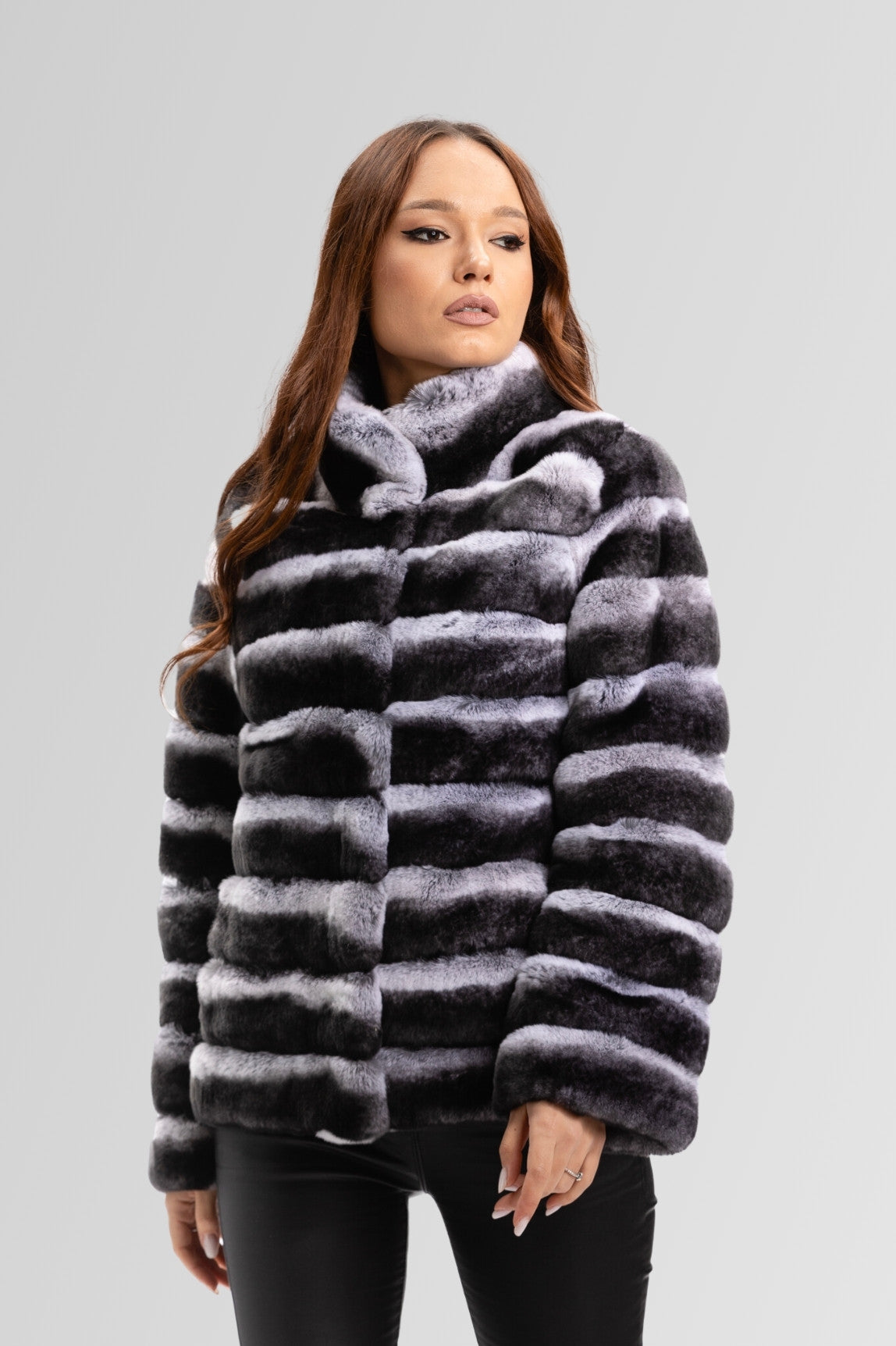 Haină din Blană Naturală de Rex Chinchilla, Guler Tunică, Femei, Silver Grey 180