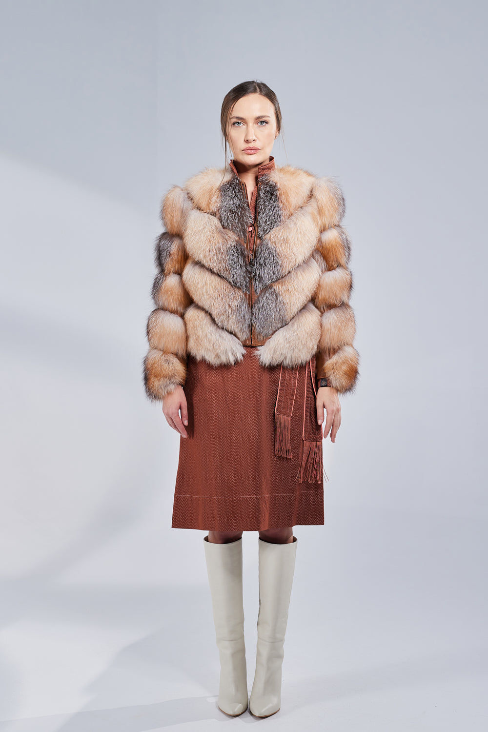 Haină din Blană Naturală de Vulpe, V Model, Transformabilă, Femei, Brown Frost 275
