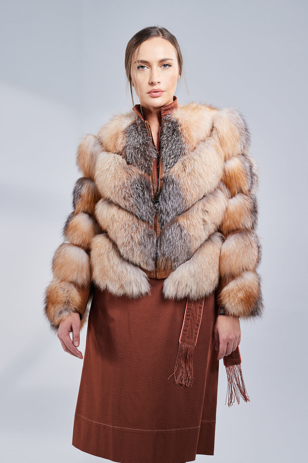 Haină din Blană Naturală de Vulpe, V Model, Transformabilă, Femei, Brown Frost 275