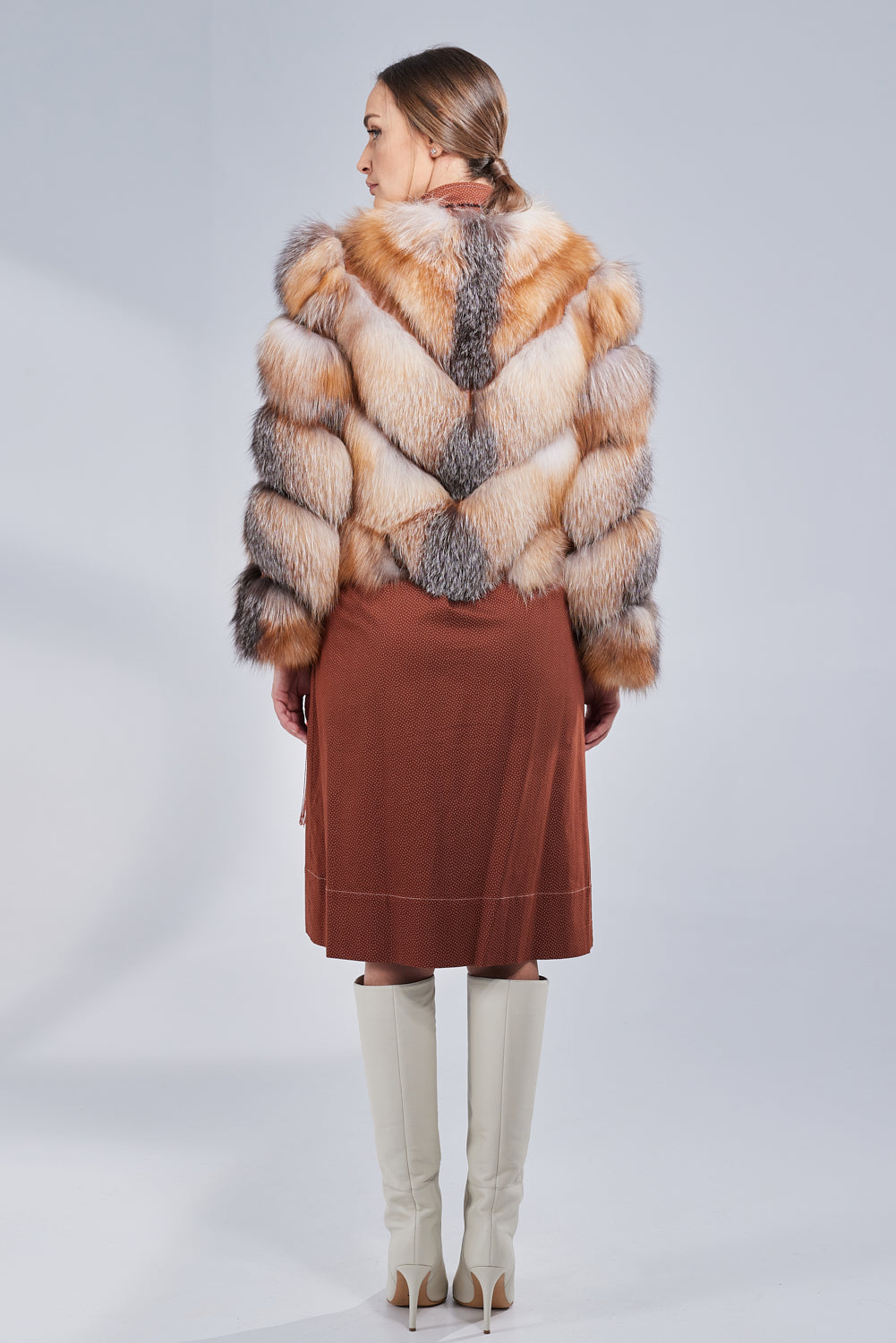 Haină din Blană Naturală de Vulpe, V Model, Transformabilă, Femei, Brown Frost 275