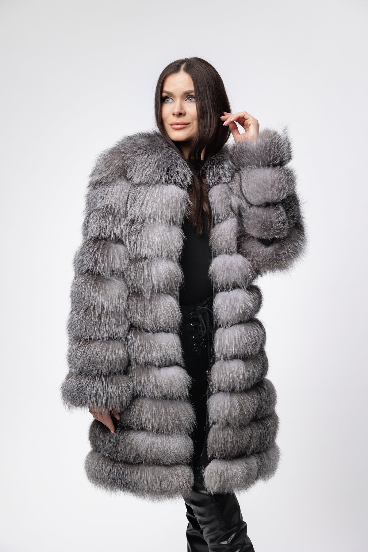 Haină din Blană Naturală de Vulpe, Femei, Transformabilă 6 în 1, Silver Grey 257