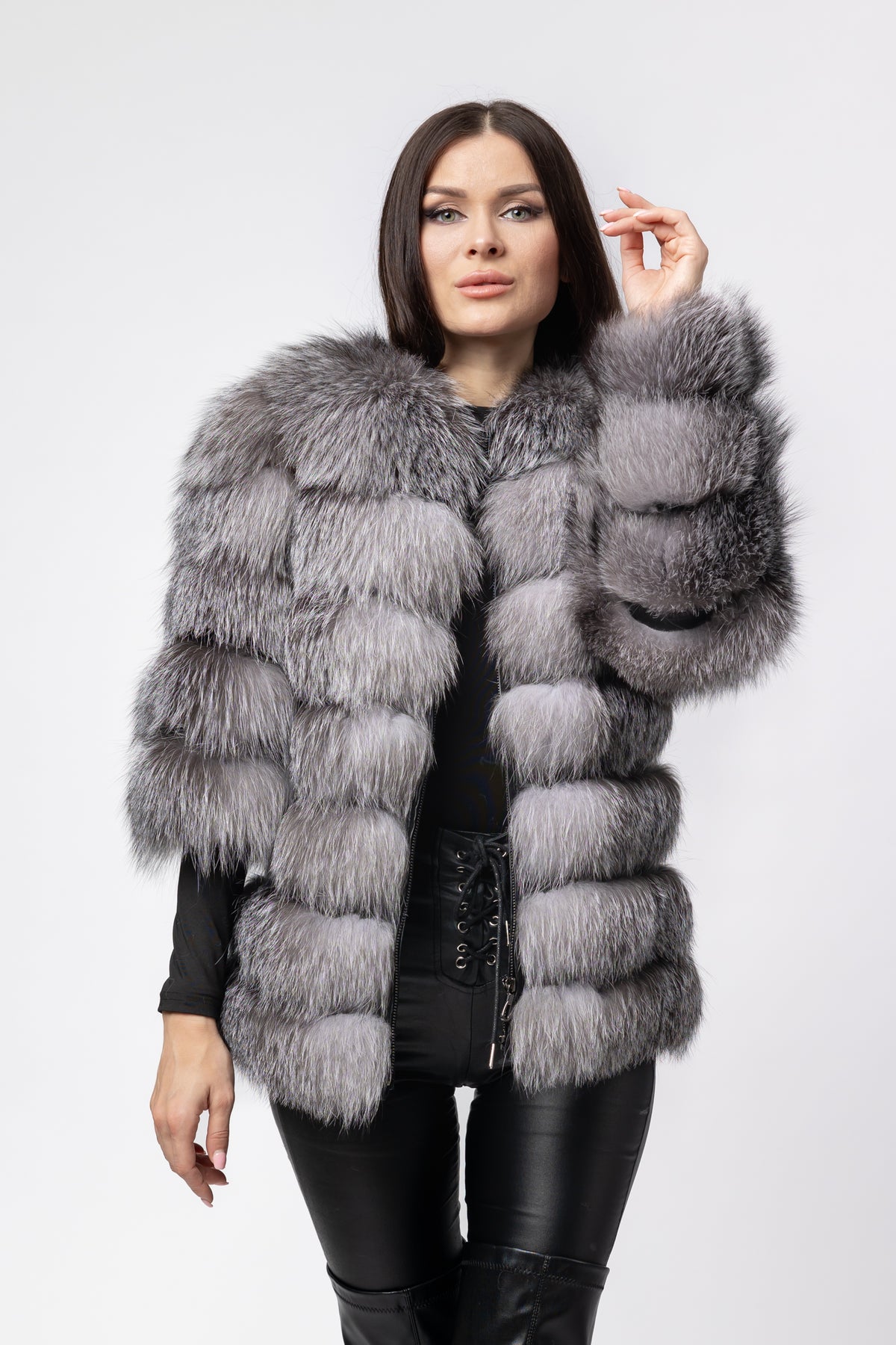 Haină din Blană Naturală de Vulpe, Femei, Transformabilă 6 în 1, Silver Grey 257