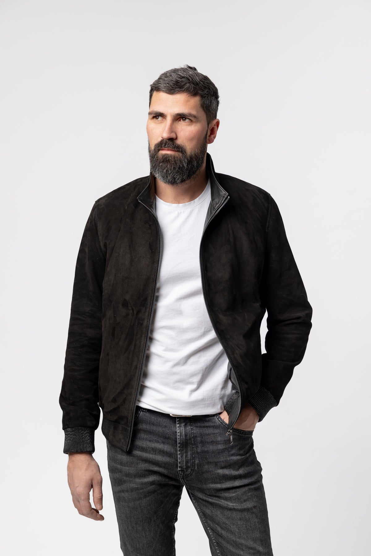 geaca din piele intoarsa naturala neagra Mareus