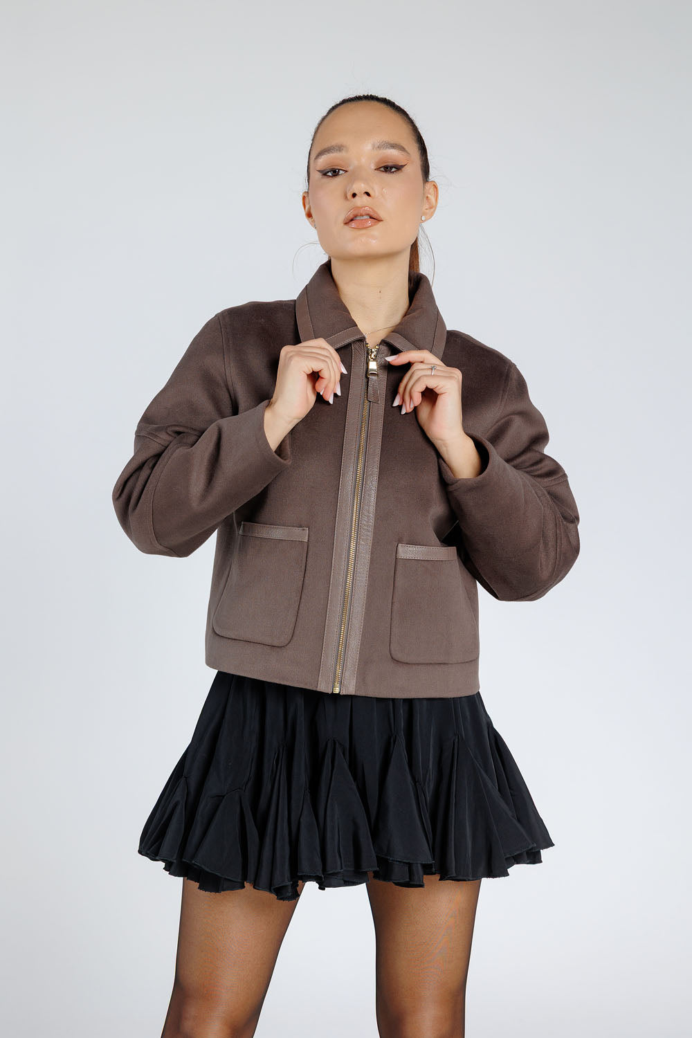 Veste en cachemire, avec accessoires en cuir véritable, col à revers, femmes, Bronze 369