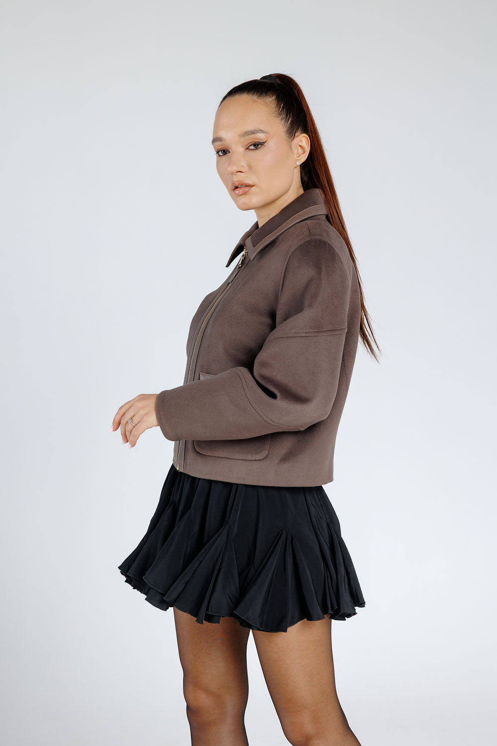 Veste en cachemire, avec accessoires en cuir véritable, col à revers, femmes, Bronze 369