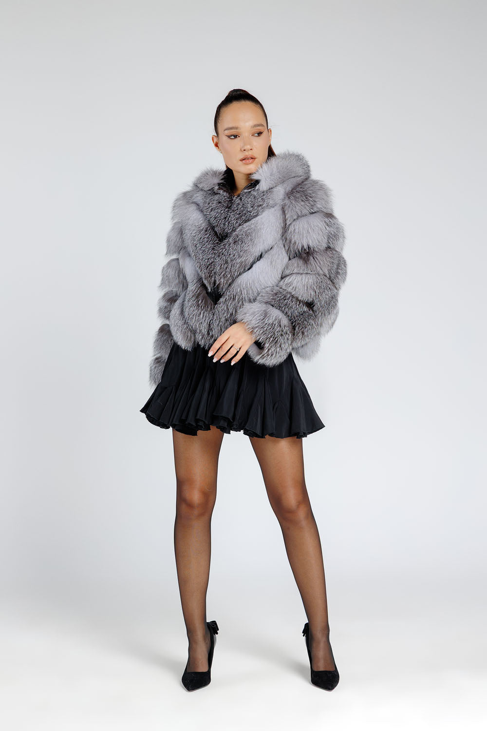 Manteau en vraie fourrure de renard argenté, transformable, modèle en V, avec capuche amovible, pour femme, Grey Frost 379