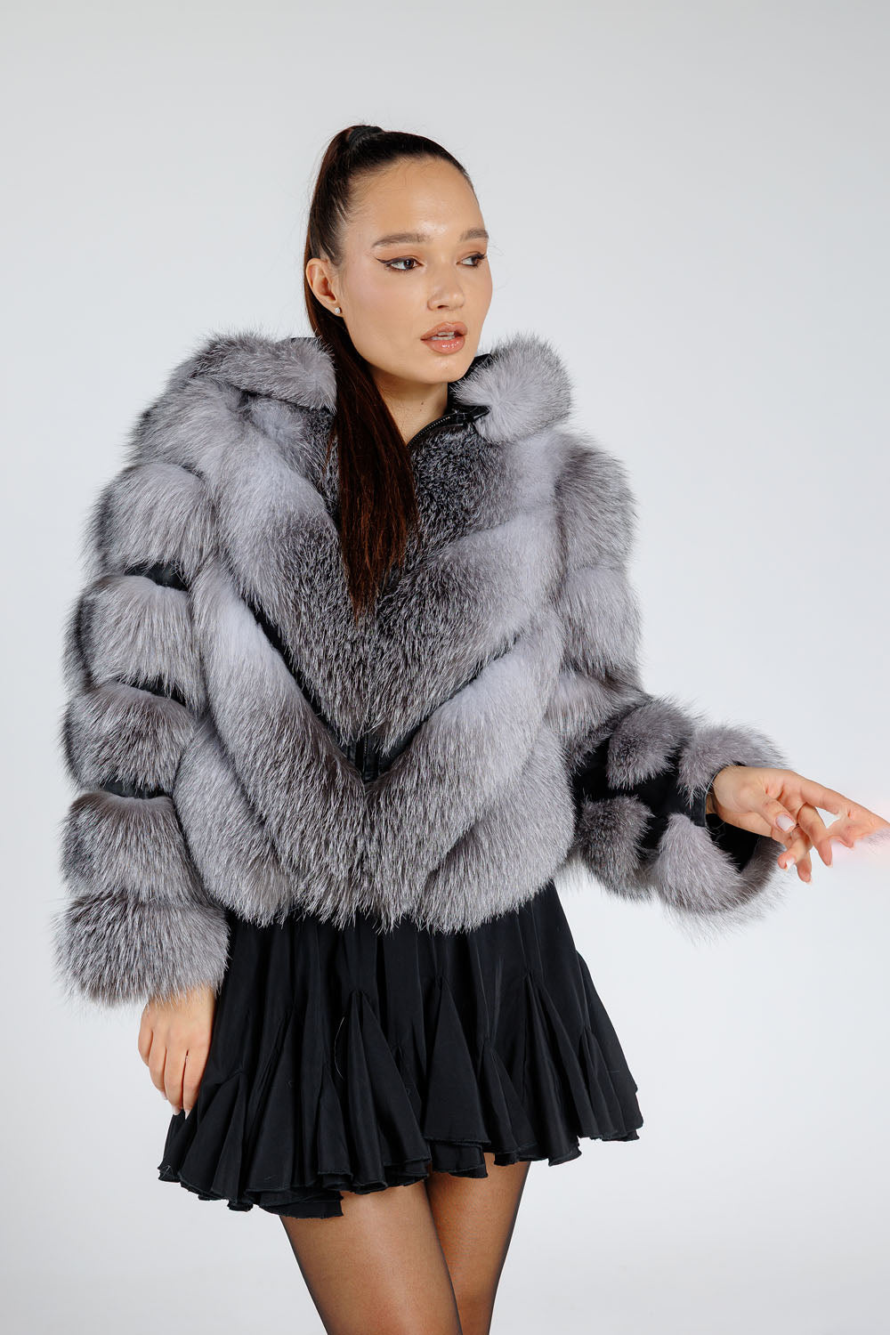 Manteau en vraie fourrure de renard argenté, transformable, modèle en V, avec capuche amovible, pour femme, Grey Frost 379