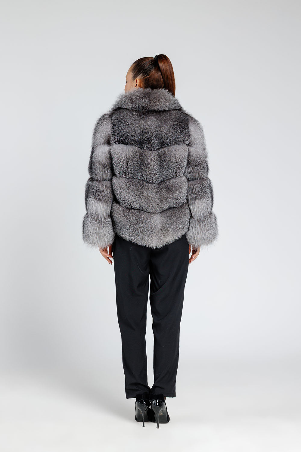 Women's Natural Silver Fox Fur Coat with Lapel Collar, Silver Grey 384