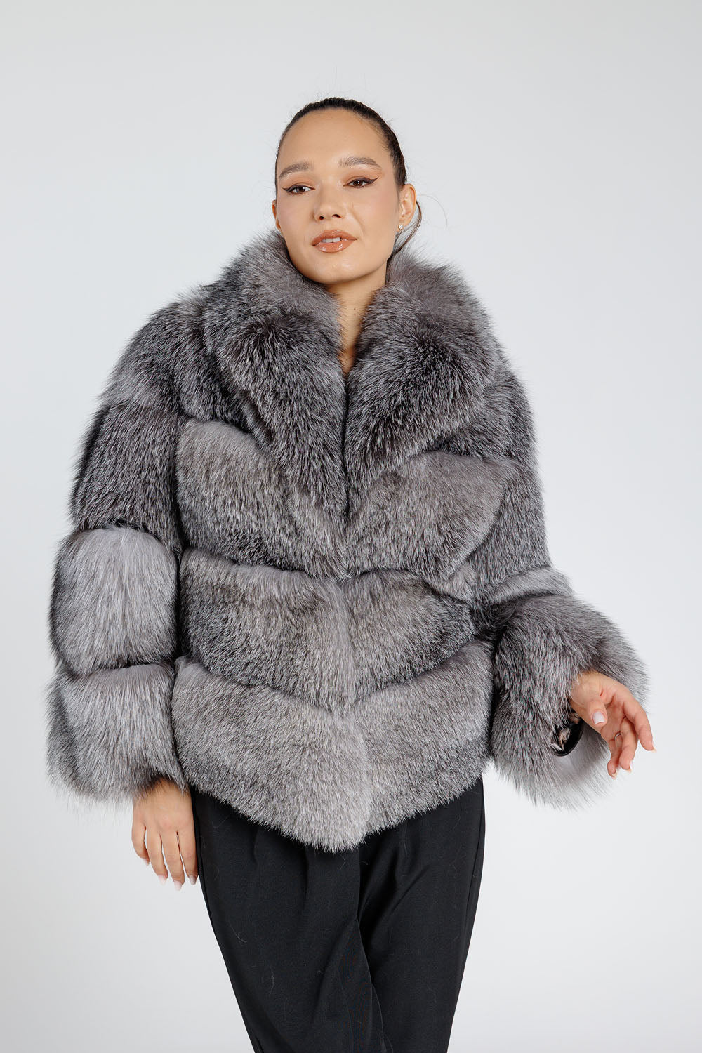 Women's Natural Silver Fox Fur Coat with Lapel Collar, Silver Grey 384