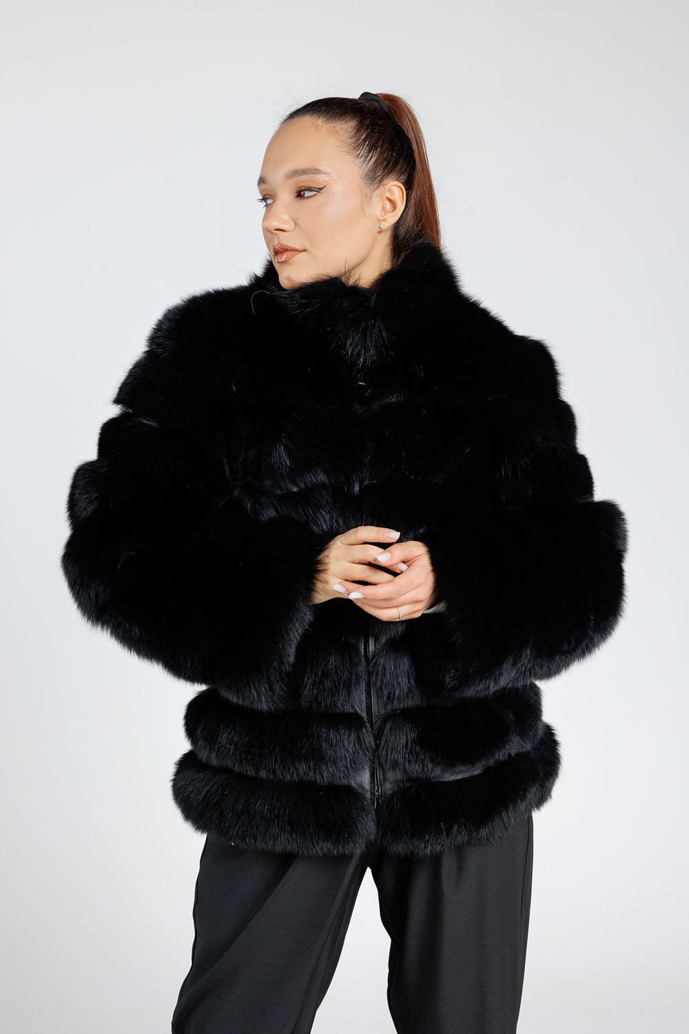 Manteau en fourrure de renard naturel, col officier, transformable, femmes, Diamond 371