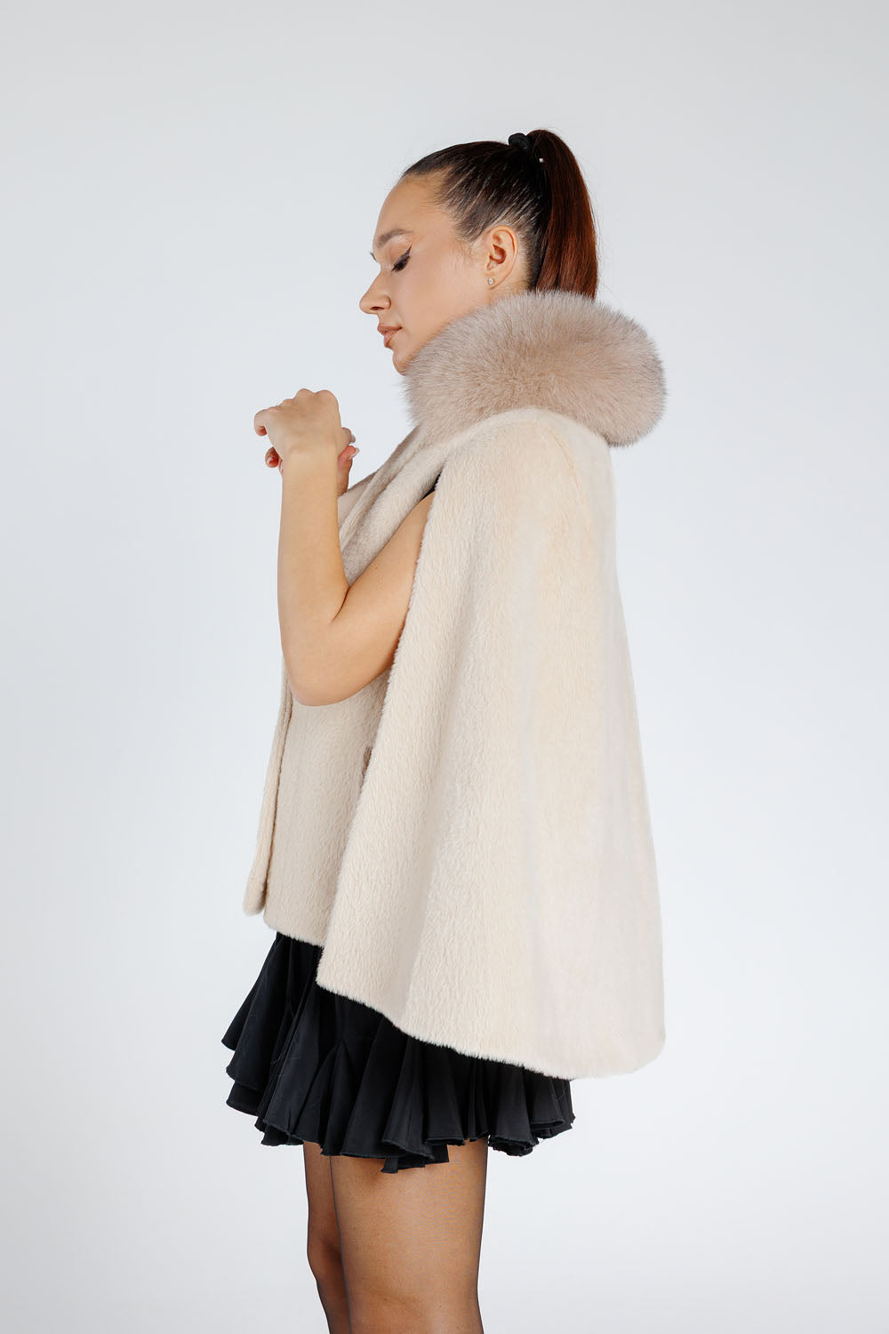Alcantara Textile Cape, with Natural Fox Fur Collar, Cape Type, Women, Pastel 359