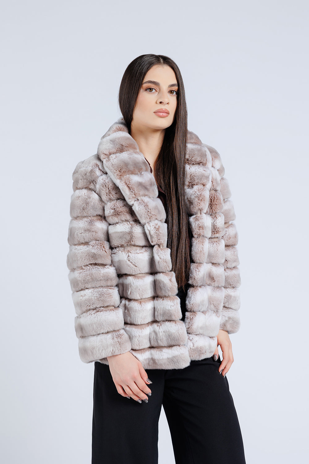 Haină din Blană Naturală de Rex Chinchilla, Guler Rever, Femei, Pearl 176