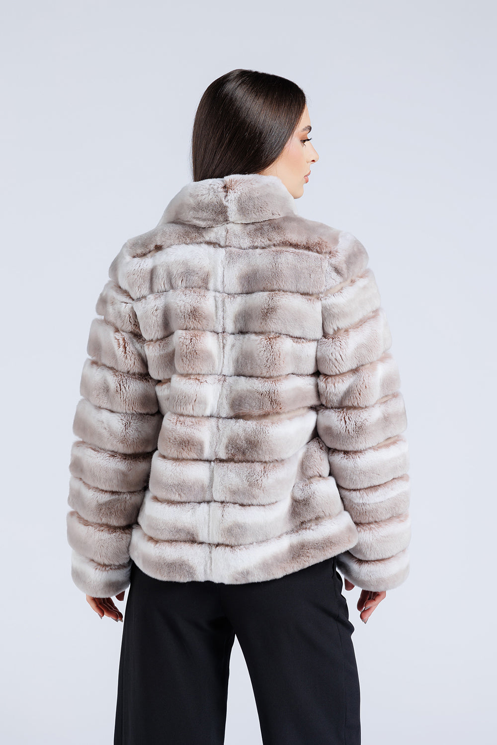 Cappotto in Pelliccia Naturale di Rex Chincilla, Collo a Listino, Donna, Pearl 179