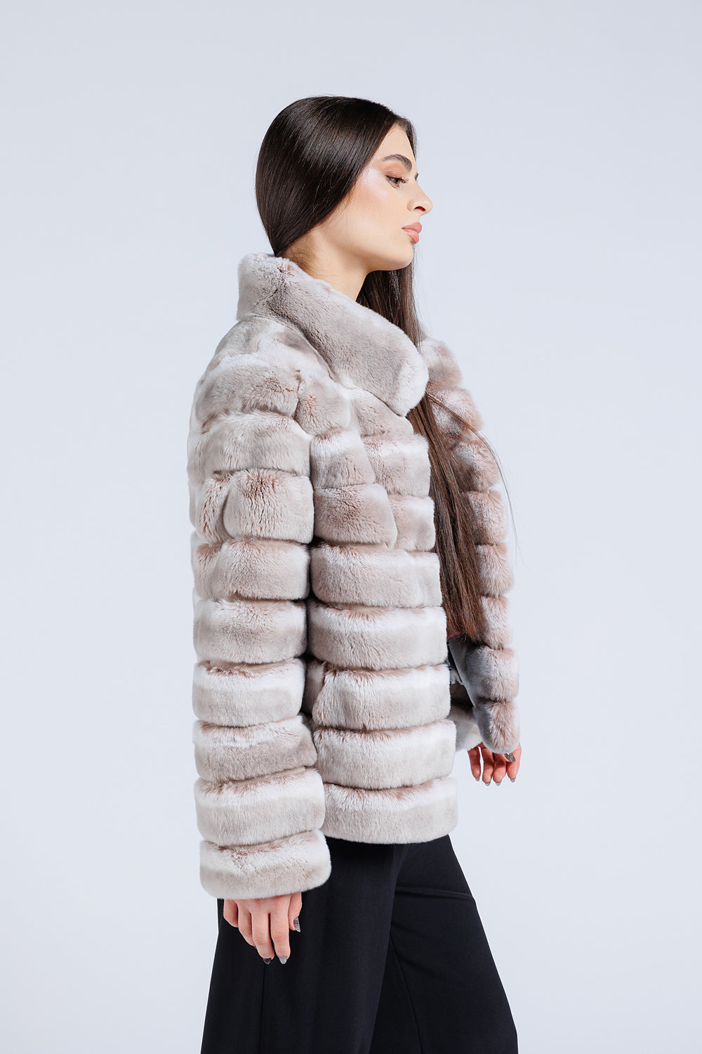 Cappotto in Pelliccia Naturale di Rex Chincilla, Collo a Listino, Donna, Pearl 179