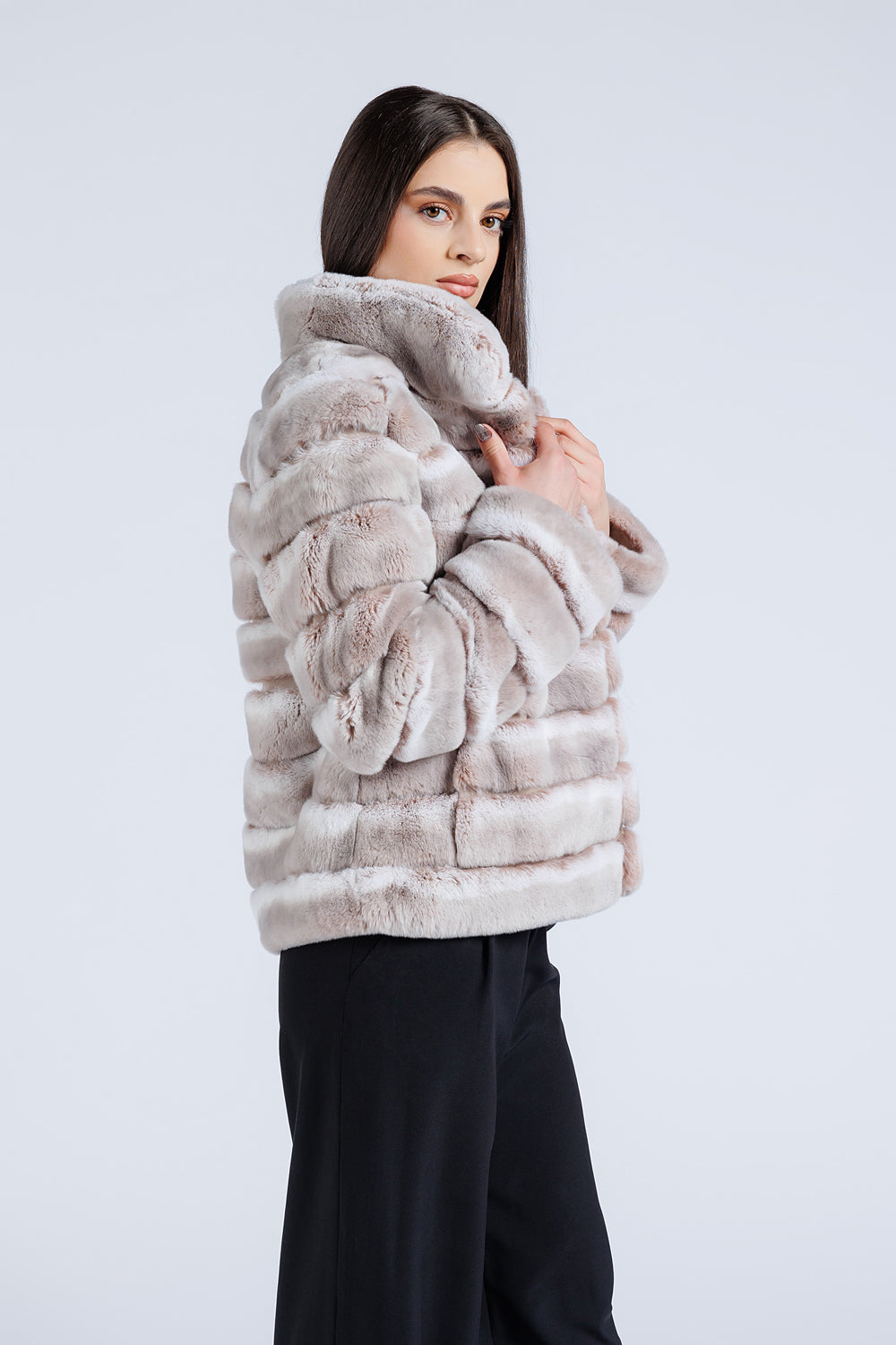Cappotto in Pelliccia Naturale di Rex Chincilla, Collo a Listino, Donna, Pearl 179