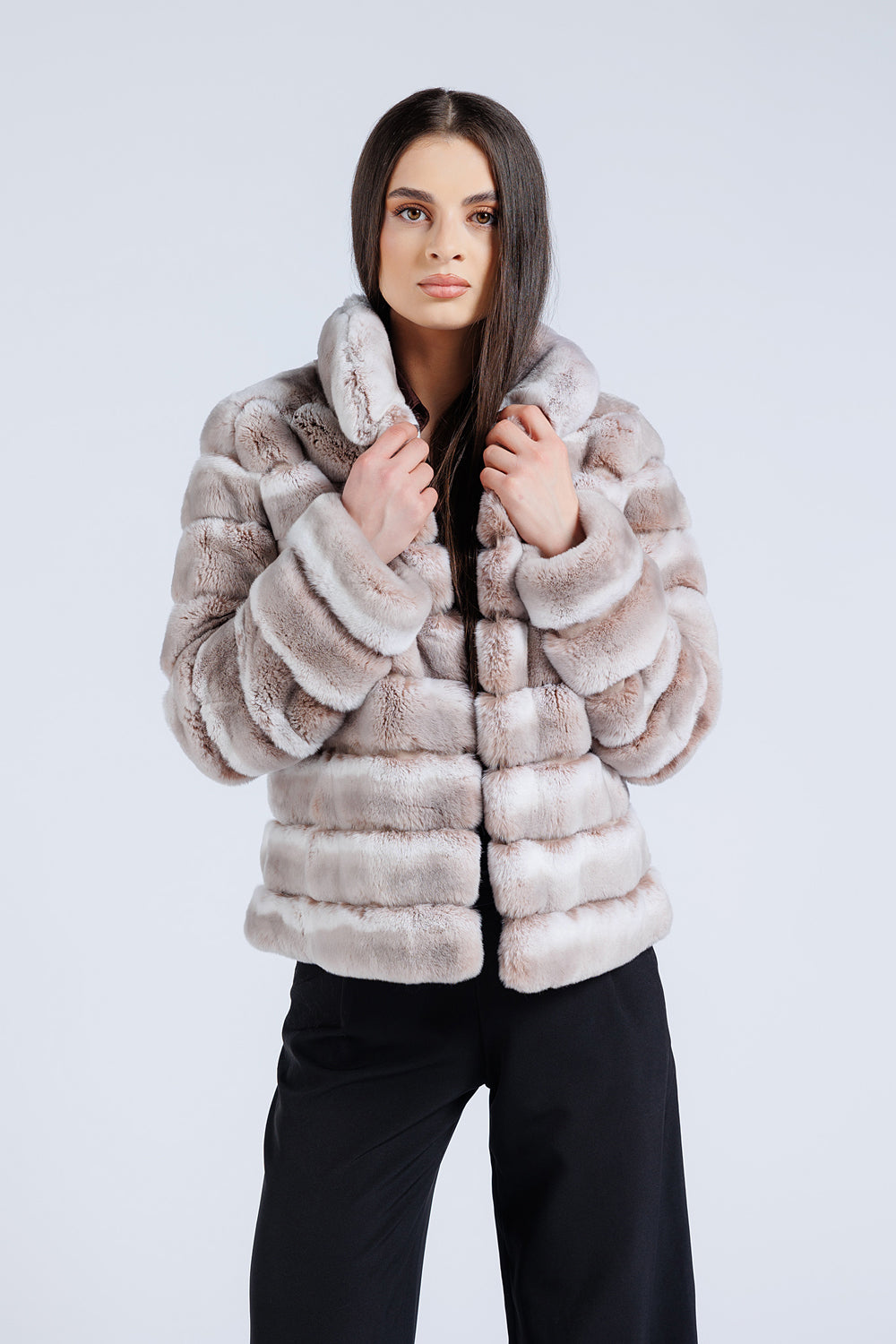 Cappotto in Pelliccia Naturale di Rex Chincilla, Collo a Listino, Donna, Pearl 179