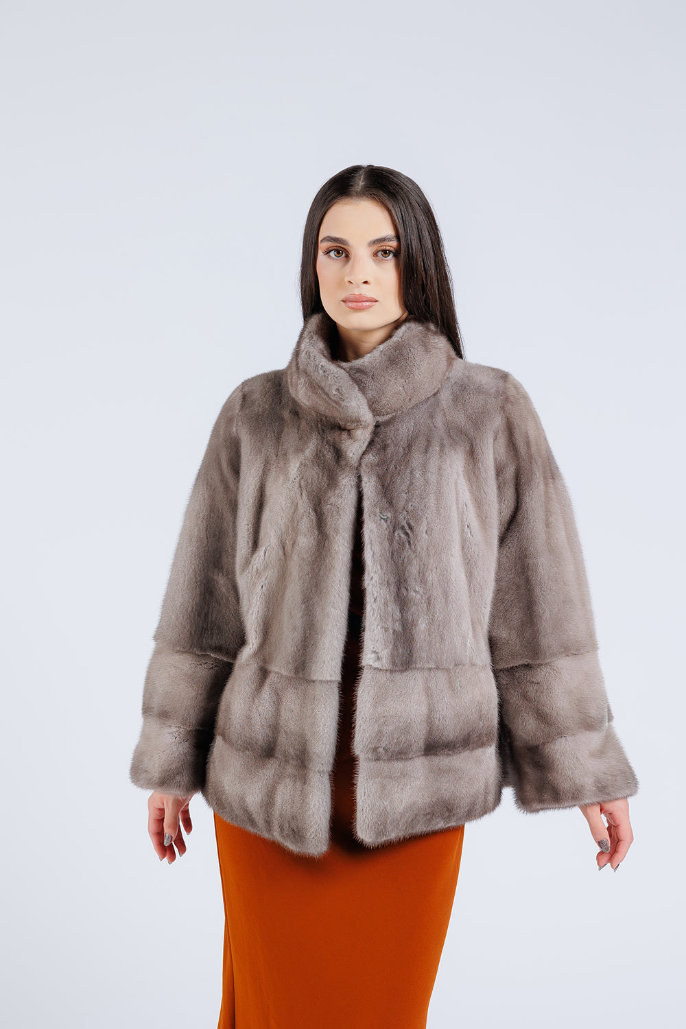 Haină din Blană Naturală de Vizon, Mâneca Clopot, Femei, Silver Blue 227
