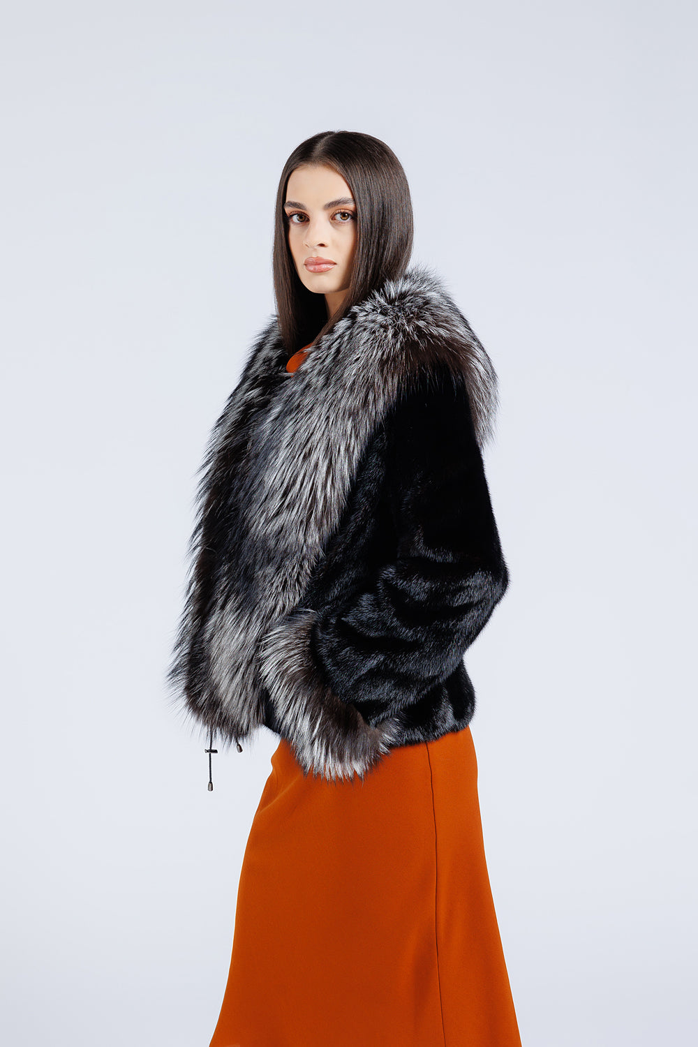 Cappotto in pelliccia naturale di visone e volpe, con colletto e polsini, da donna, Diamond e Silver Grey 183