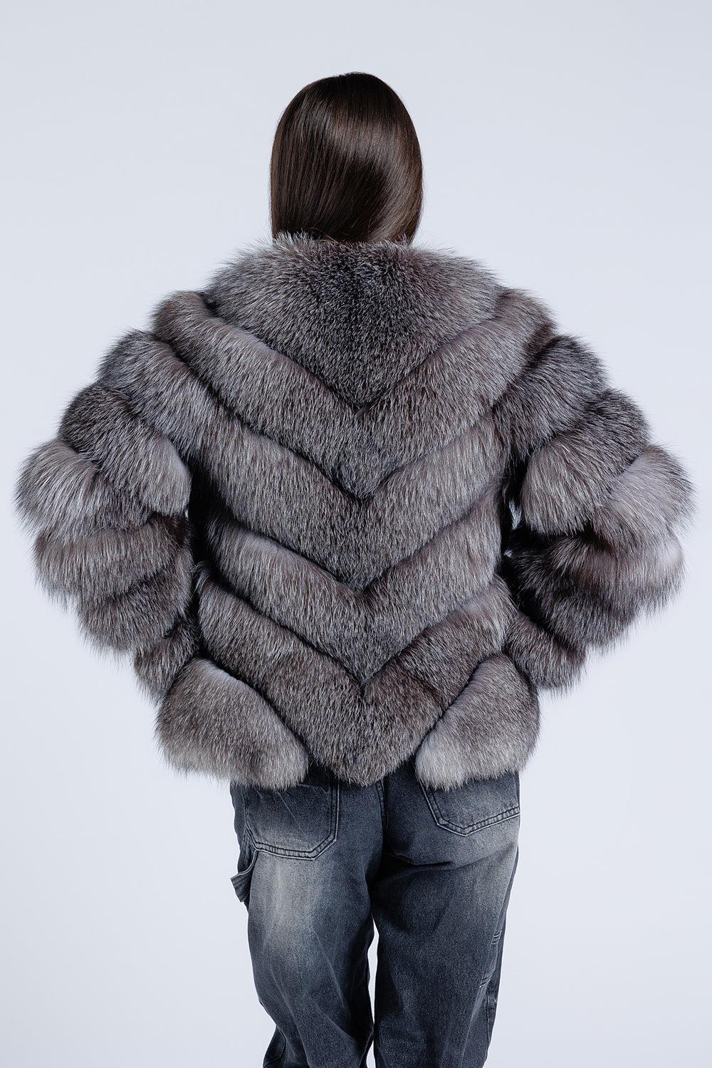 Haină din Blană Naturală de Vulpe, V model, Femei, Dark Grey Frost 273