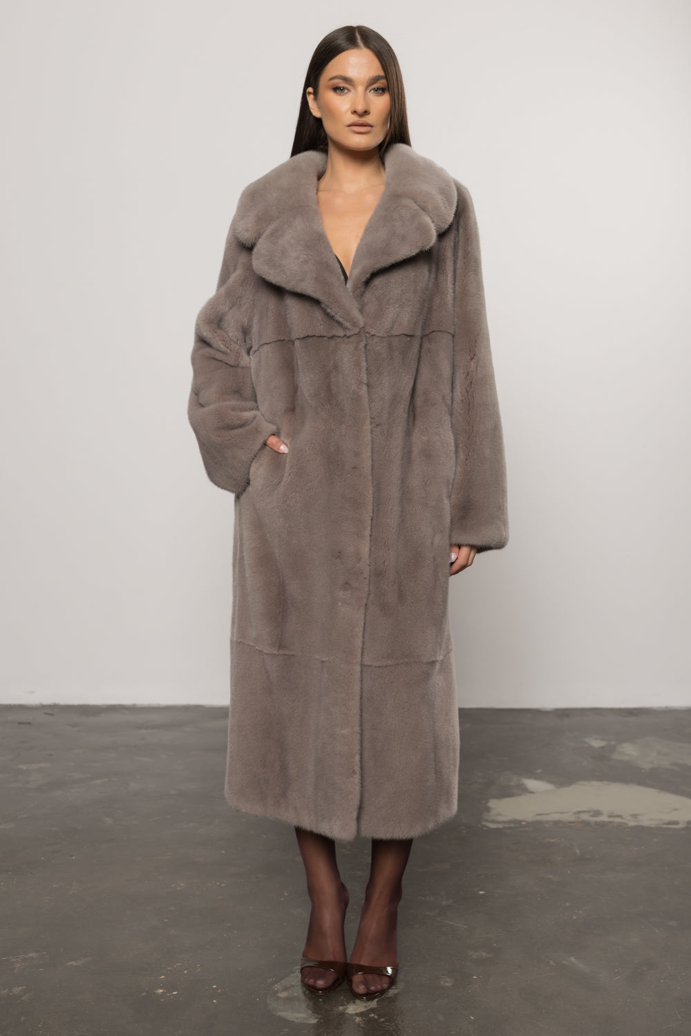 Women's Natural Mink Fur Coat with Lapel Collar, Pearl Grey 429