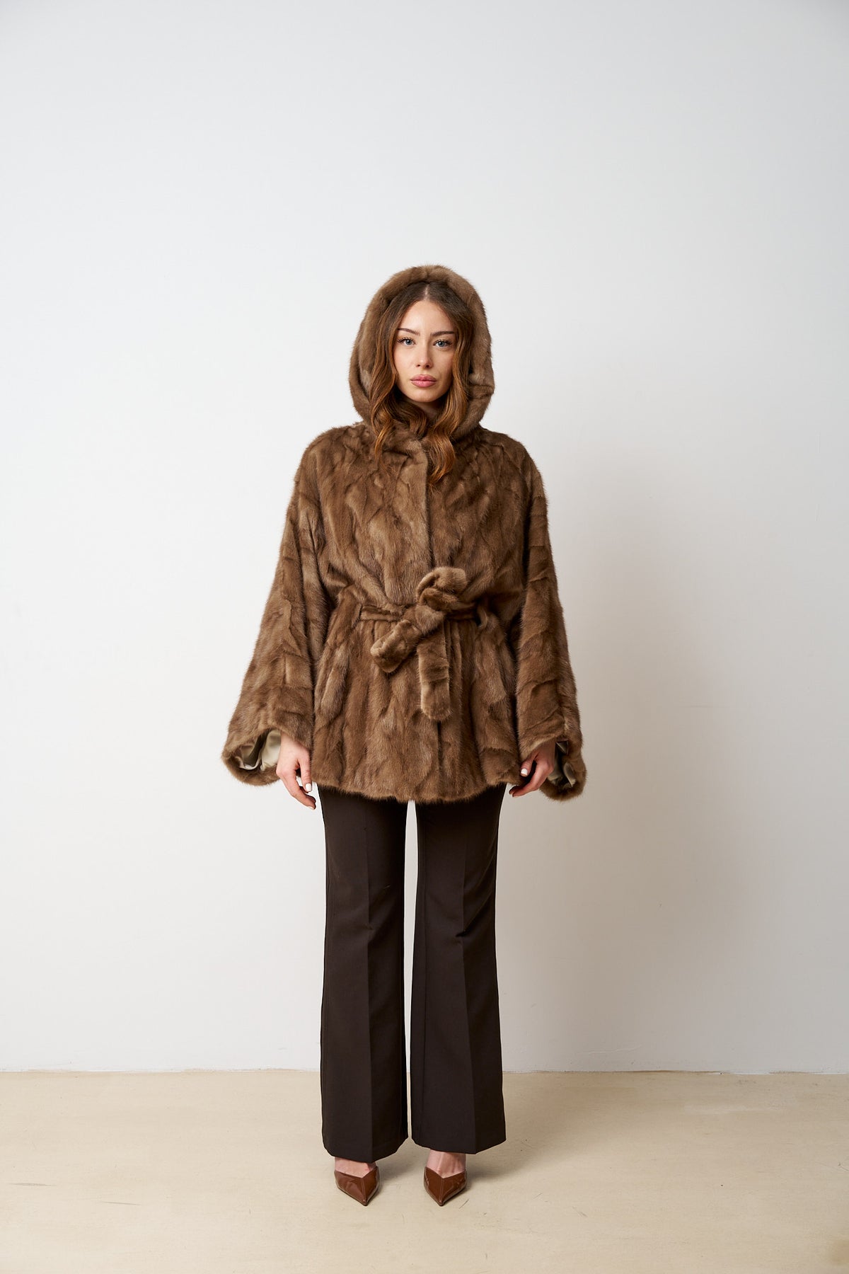 Cape in Natural Mink Fur, with Hood and Cord, Pastel 518