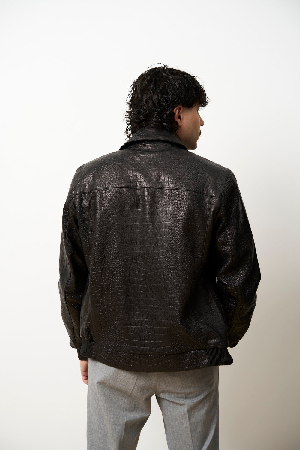 Genuine Leather Jacket for Men, Crocodile Texture, Black, Mareus