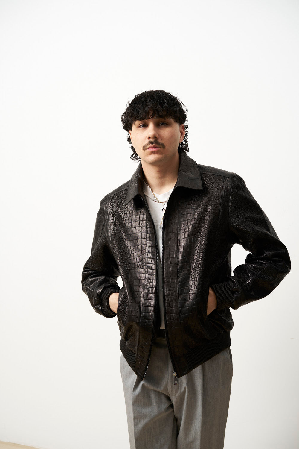 Genuine Leather Jacket for Men, Crocodile Texture, Black, Mareus