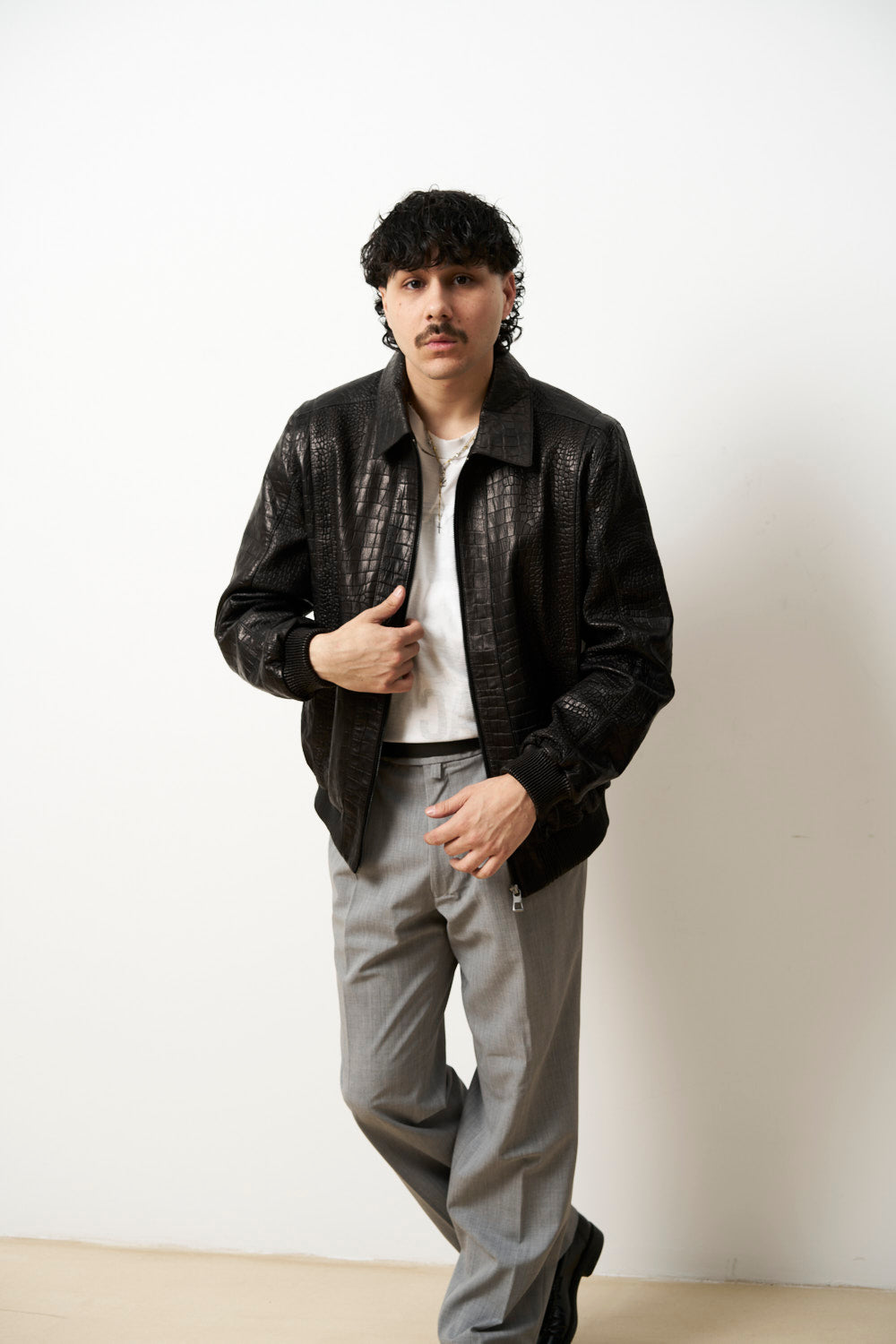 Genuine Leather Jacket for Men, Crocodile Texture, Black, Mareus