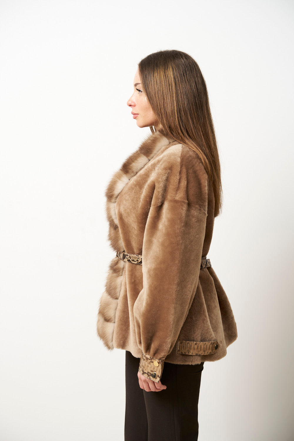 Natural Spanish Merino Fur Coat with Jder Collar and Python Leather Accessories, Ivory Luxury, Mareus