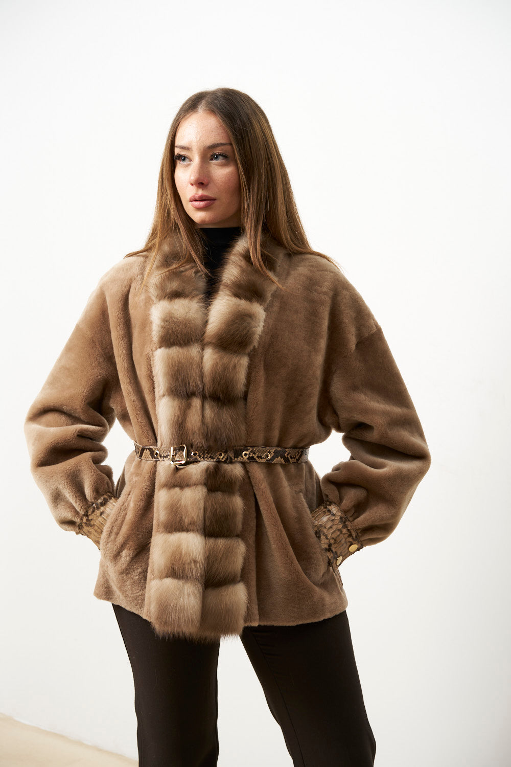 Natural Spanish Merino Fur Coat with Jder Collar and Python Leather Accessories, Ivory Luxury, Mareus