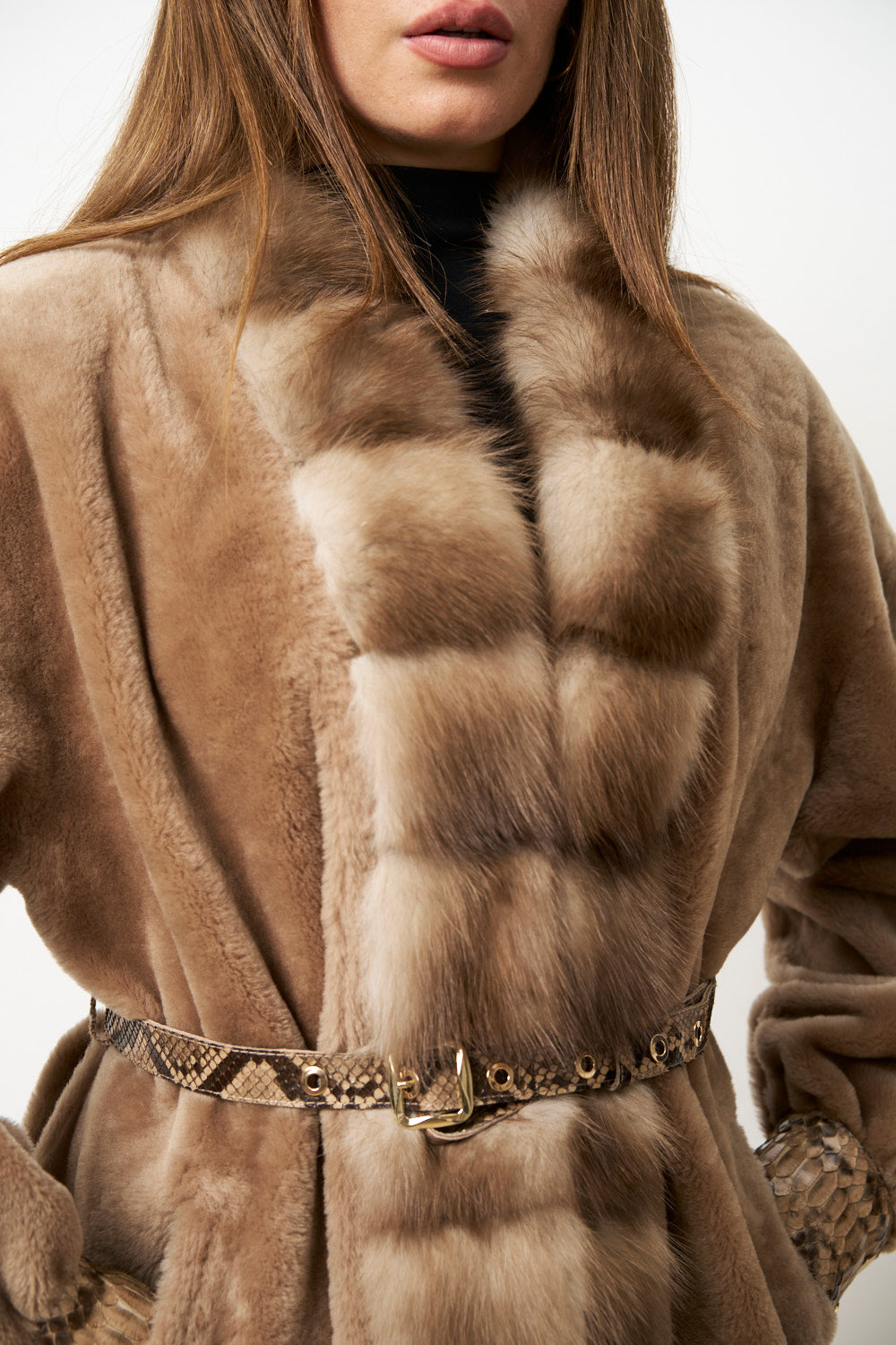 Natural Spanish Merino Fur Coat with Jder Collar and Python Leather Accessories, Ivory Luxury, Mareus