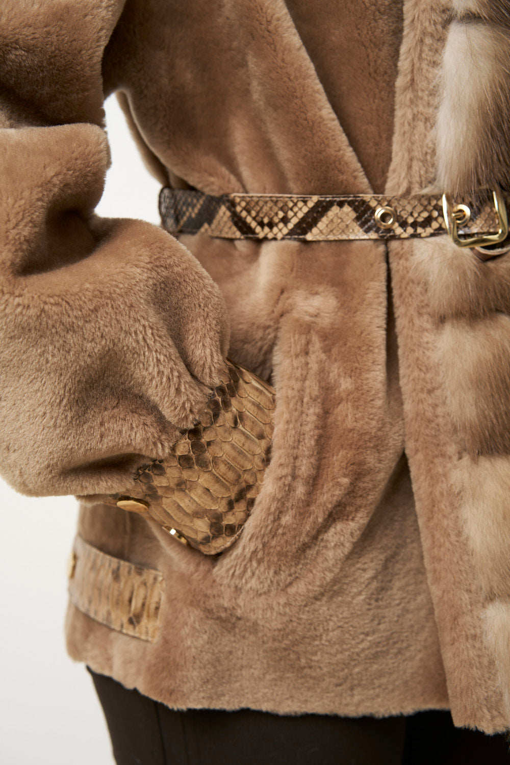Natural Spanish Merino Fur Coat with Jder Collar and Python Leather Accessories, Ivory Luxury, Mareus