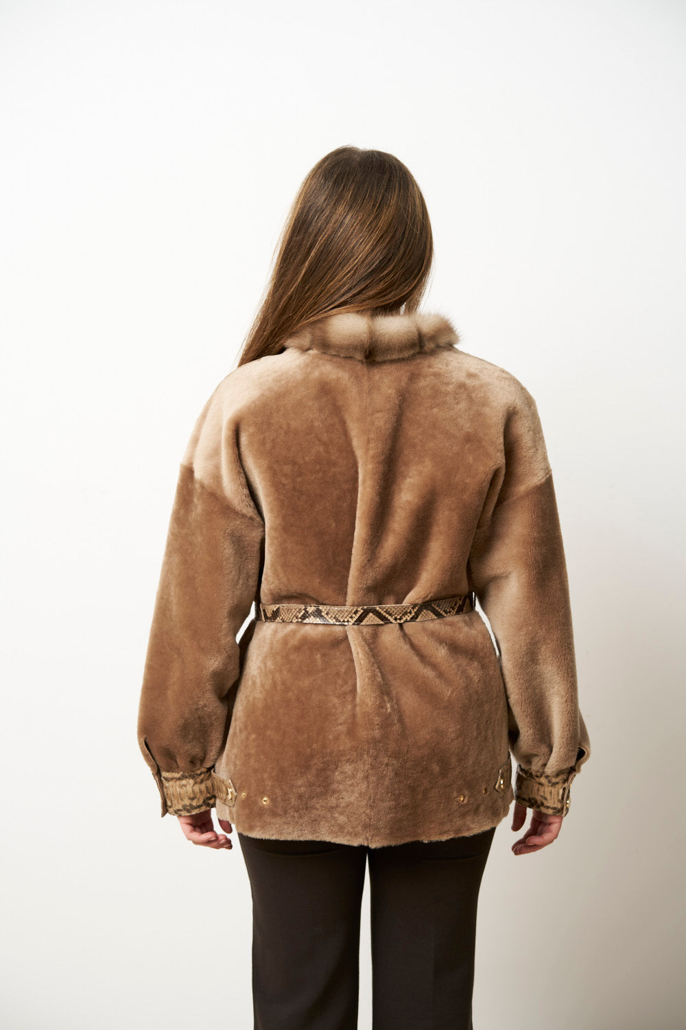 Natural Spanish Merino Fur Coat with Jder Collar and Python Leather Accessories, Ivory Luxury, Mareus