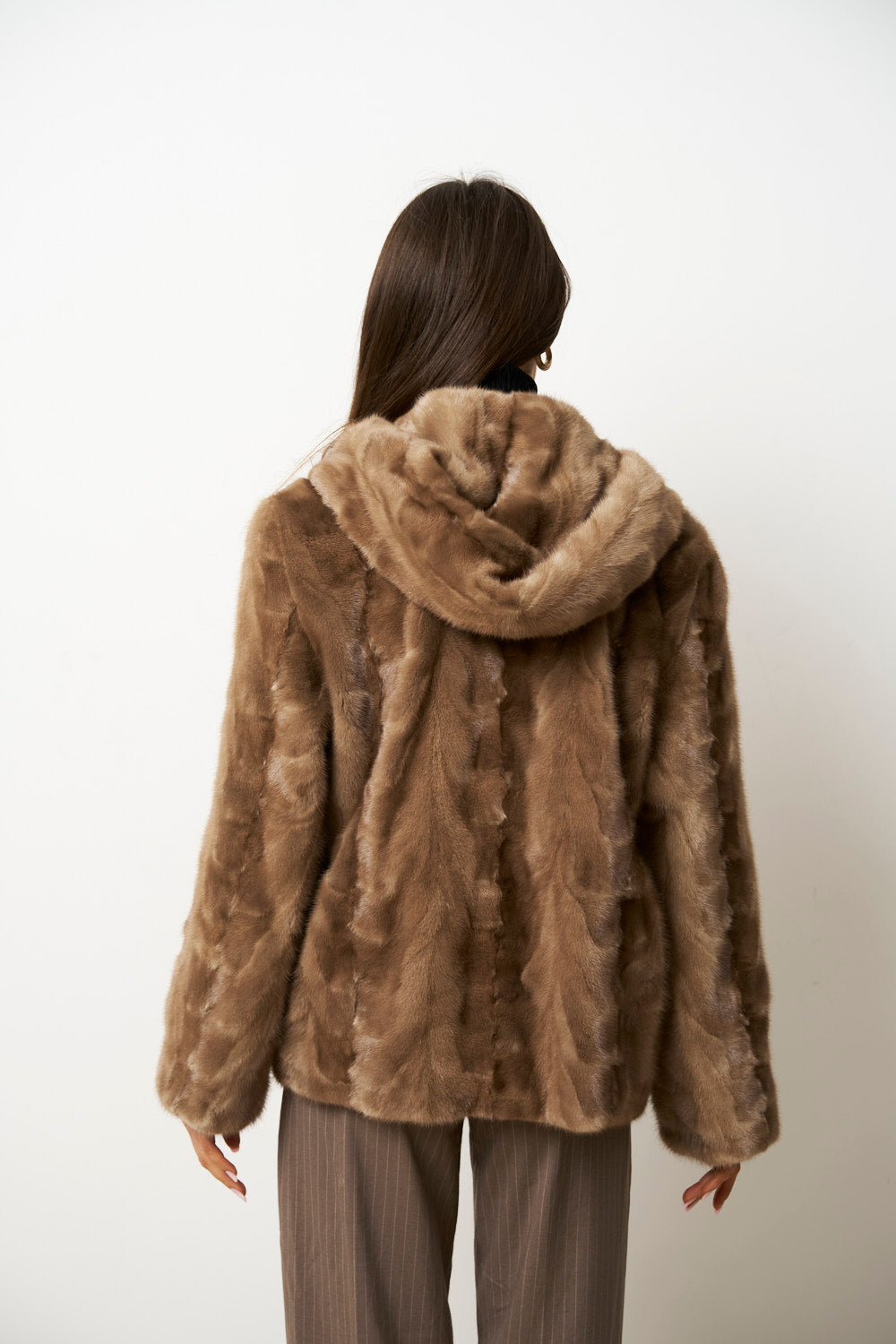Cappotto in Pelliccia di Visone Naturale con Cappuccio da Donna, Marrone Pastello, Cambrata, Mareus